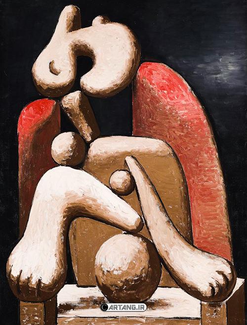 زن نشسته روی صندلی قرمز کلاسیک اثر پیکاسو