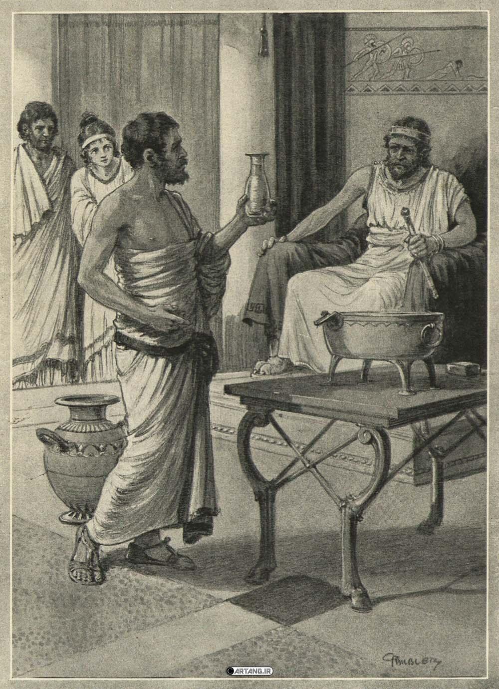 مرگ ارشمیدس دانشمند یونانی 6 ارشمیدس در حال توضیح راهحل معمای تاج به هیرون