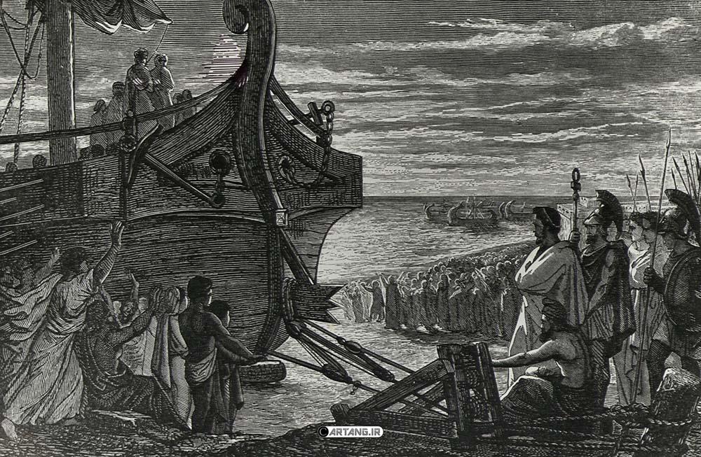 مرگ ارشمیدس دانشمند یونانی 8 ارشمیدس در حال کشیدن کشتی با قرقره