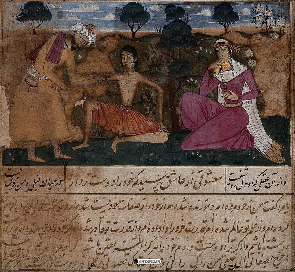 نقاشی دیدار سلیم با لیلی و مجنون در بیابان