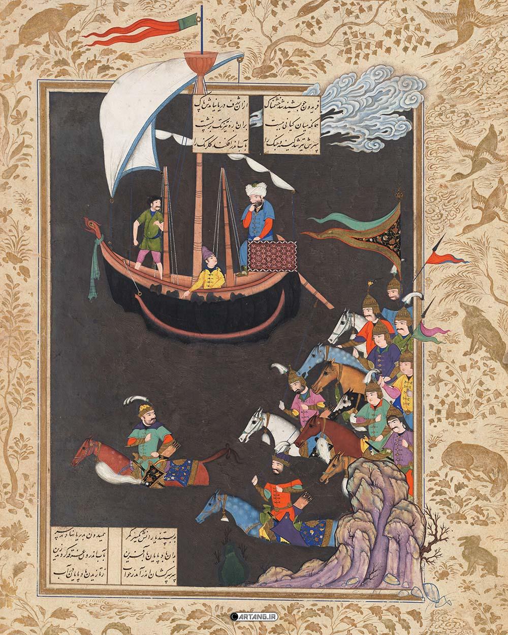 نقاشی اسطورههای ایرانی در شاهنامه 9 نقاشی گذر فریدون از دجله