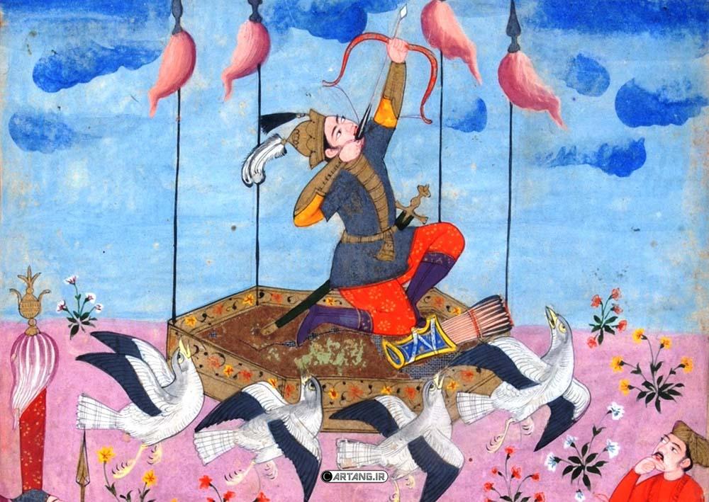 نقاشی اسطورههای ایرانی در شاهنامه 20 رفتن کیکاووس به آسمان