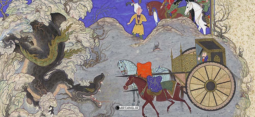 نقاشی اسطورههای ایرانی در شاهنامه 13 اسفندیار در خان سوم