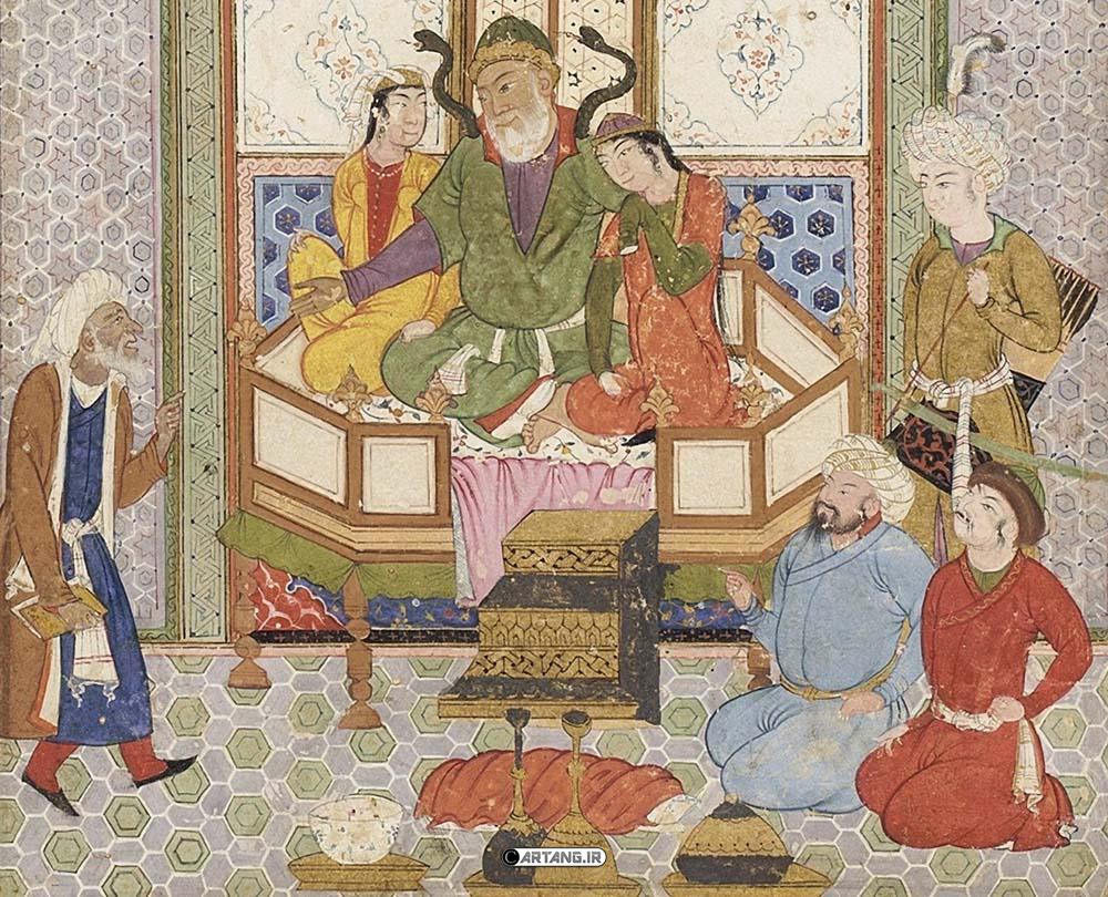 نقاشی اسطورههای ایرانی در شاهنامه 8 ضحاک در کنار دختران جمشید