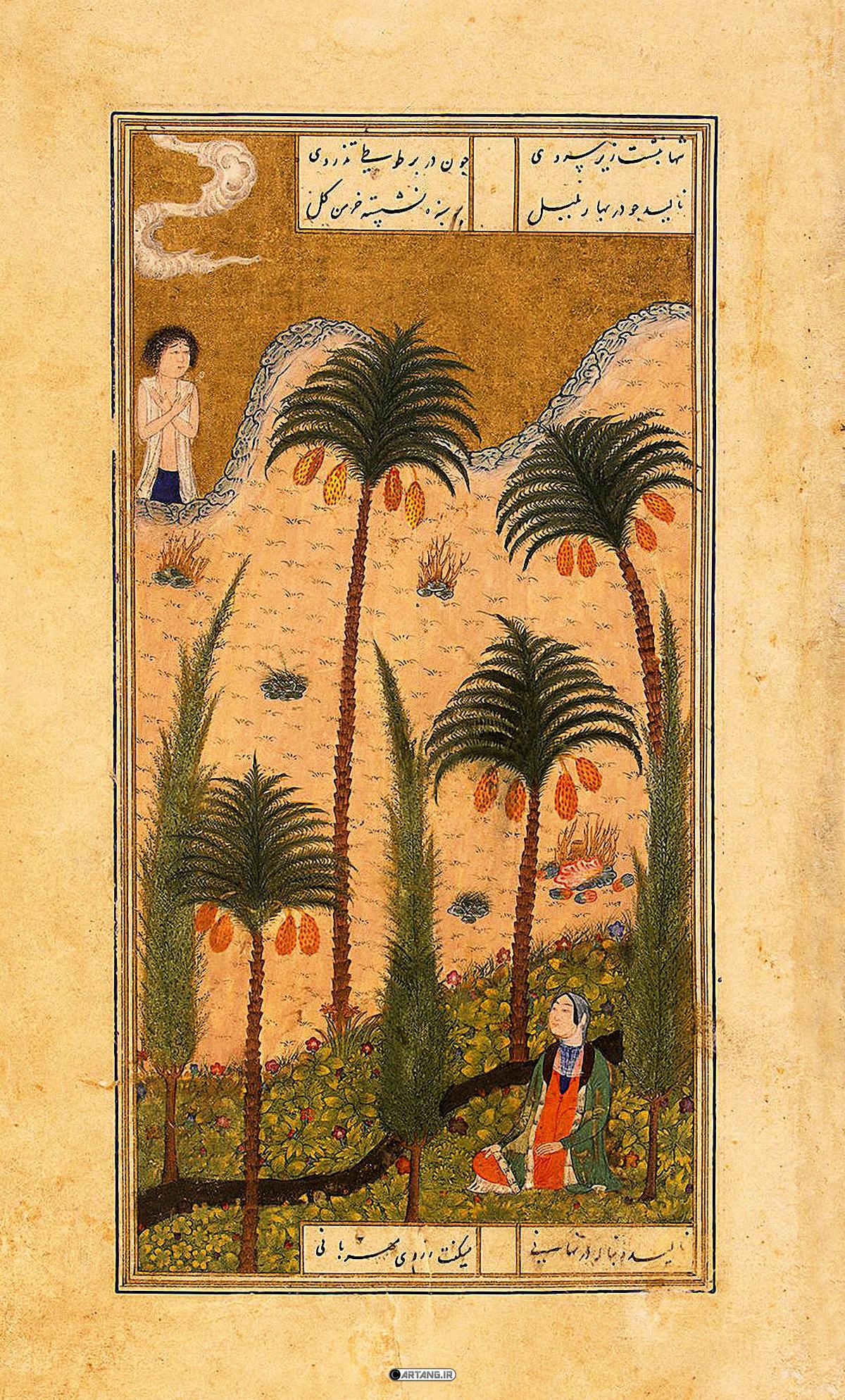 مینیاتور لیلی و مجنون در نخلستان خرما 1 لیلی و مجنون
