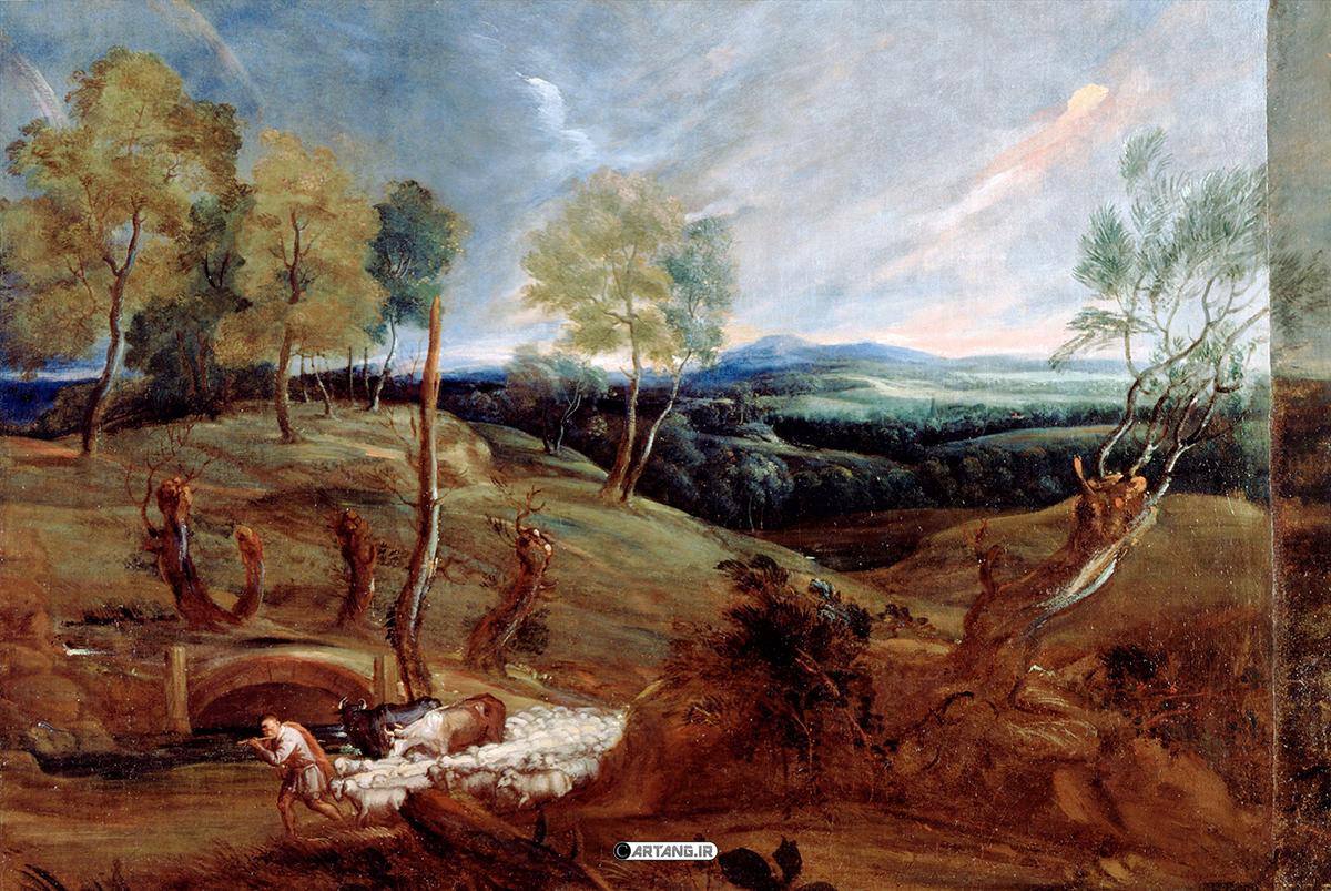 نقاشی منظره غروب تماشایی خورشید و نی زدن چوپان 1 غروب