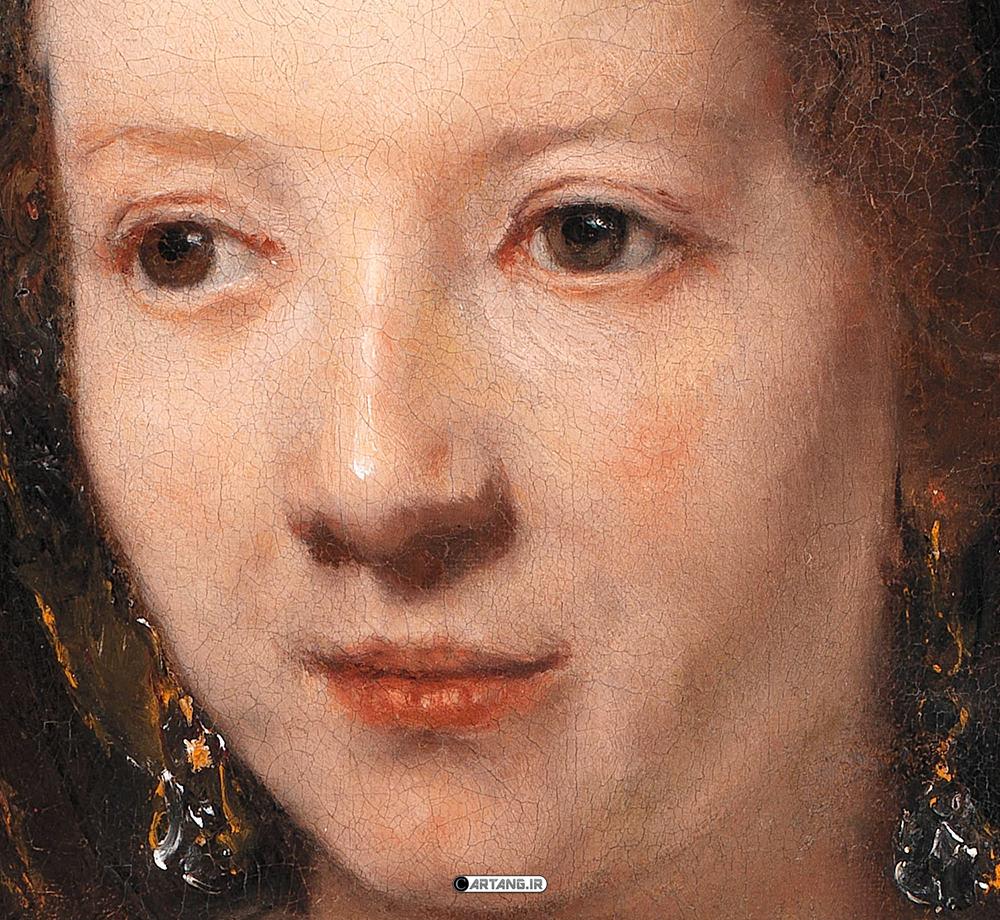 نقاشی زن زیبای جوان با گل میخک قرمز 2 صورت زن