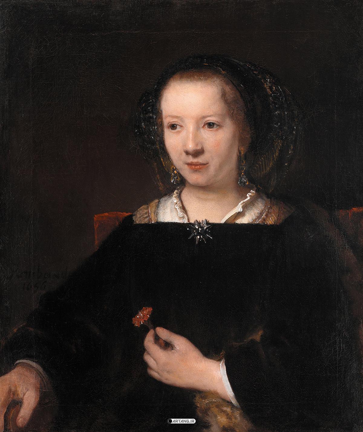 نقاشی زن زیبای جوان با گل میخک قرمز 1 زن